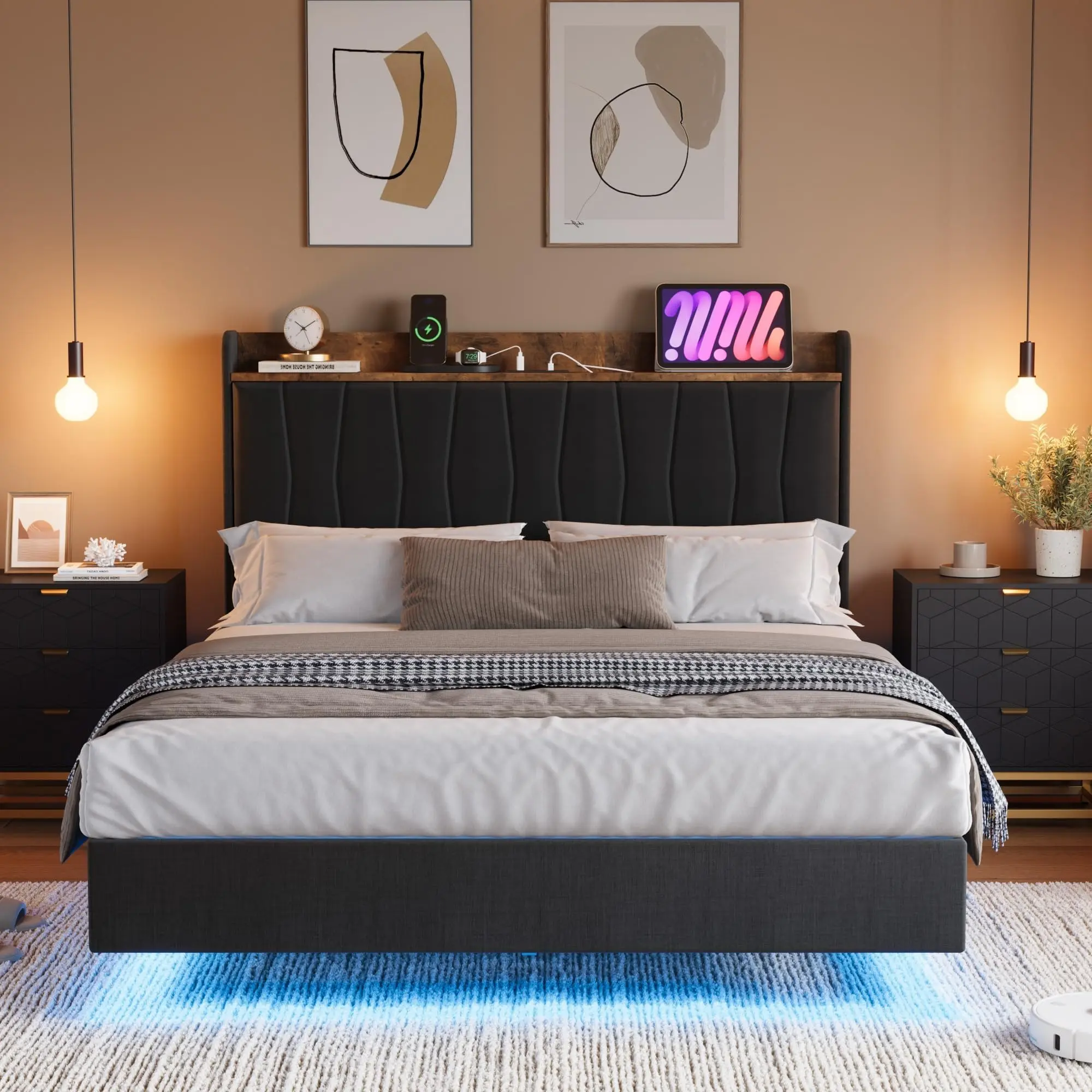 GAOMON Queen/King Size Modern Upholstered Floating Full Metal Frame Smart Bed - Linen Fabric, LED Lighting, Silent Storage Headboard with USB Port, Charging Station, No Box Spring Needed, Easy Assembly, Black, with Compartments, Assembly Required