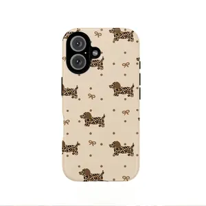 This adorable leopard-print dachshund design phone case is durable, shock-absorbing, and has a finish. It's compatible with iPhone 17, 16, 15, 14, 13, 12, 11, X, and Samsung models. A perfect holiday gift for friends or family.