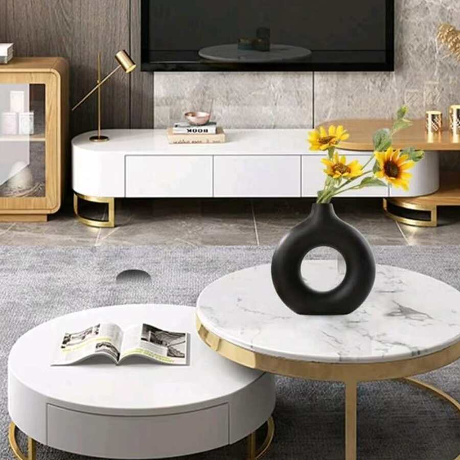 1pc Black Plastic Round Vase Decor, Artificial Dried Flower Vase, Floral Art Vase, Minimalist Living Room & Exhibition Hall Decor, Home Decor, Vase, Ornament, Desktop Decoration. Room Decor Glass Vase