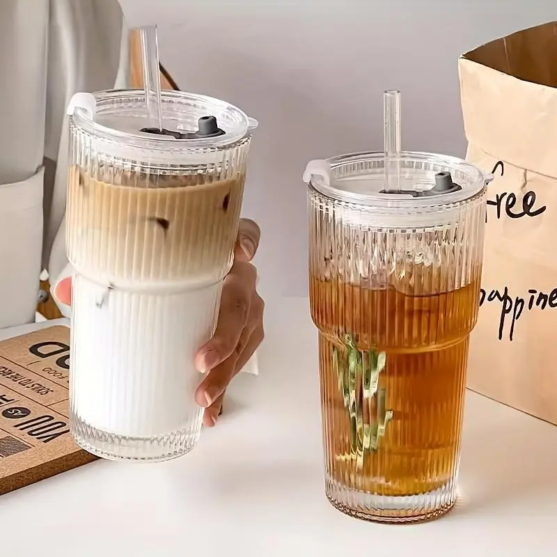 Bathroom Tumblers, Transparent Vertical Striped Glass Cups with Lid & Straw, Dishwasher Safe, 2-Count Large Capacity Cold Drink Containers for Juice/Coffee, Ideal Holiday Gift for Home Use, Yes