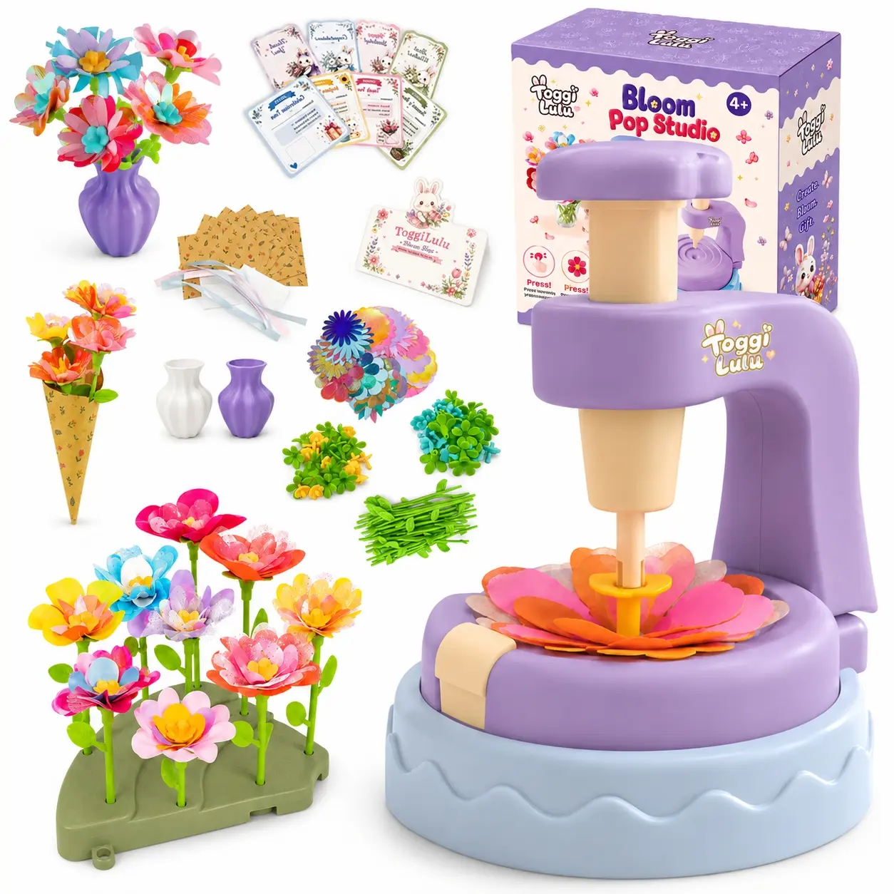 BunnyLulu Kids' Flower Making Kit - Large Accessory Collection with 2 Vases, Glittering Petals, Flower Shop Cards, Stress Reliever, Anxiety Relief, Travel Companion, Bedtime Buddy, Children Development Gift for Girls Ages 4+, Back To School Toy