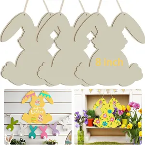 Large Size 8" Wooden DIY Round Discs for Easter Decorations, Unfinished Wood Plaques for Crafts, 3pcs Bunny Door Sign Decor