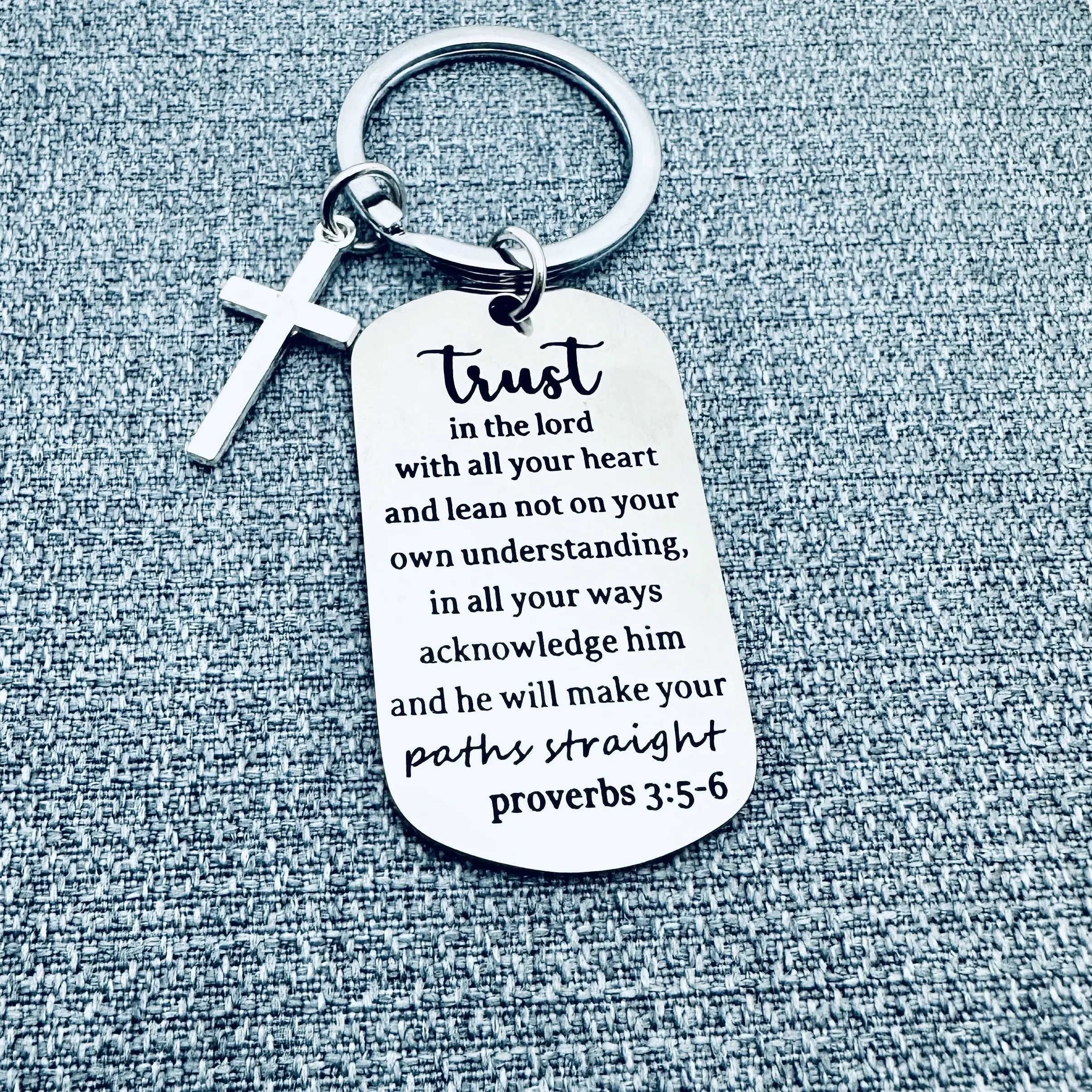 Stainless Steel Carved Cross Keychains - Iron Alloy, Religious, Simple, Engraved with Bible Verse Proverbs 3:5-6, Unisex Fashion Accessory, Christian Faith Gift, No Warning Applicable, Durable, Elegant, Silvery-Engraved, Christian Symbol, Cross Shape