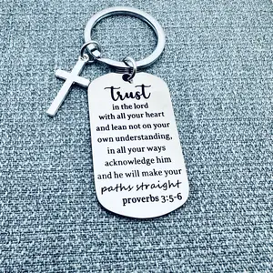 A Stylish And Durable Stainless Steel Keychain With A Cross And The Bible Verse Proverbs 3:5-6 Engraved On It, Suitable For Both Men And Women As A Fashionable Accessory And A Christian Faith Gift.