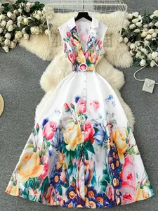 Vacation Style Floral Print Long Dress, Fitted Elegant Lapel Sleeveless Design, Waist Belted Flowing Fabric, Romantic and Chic Look