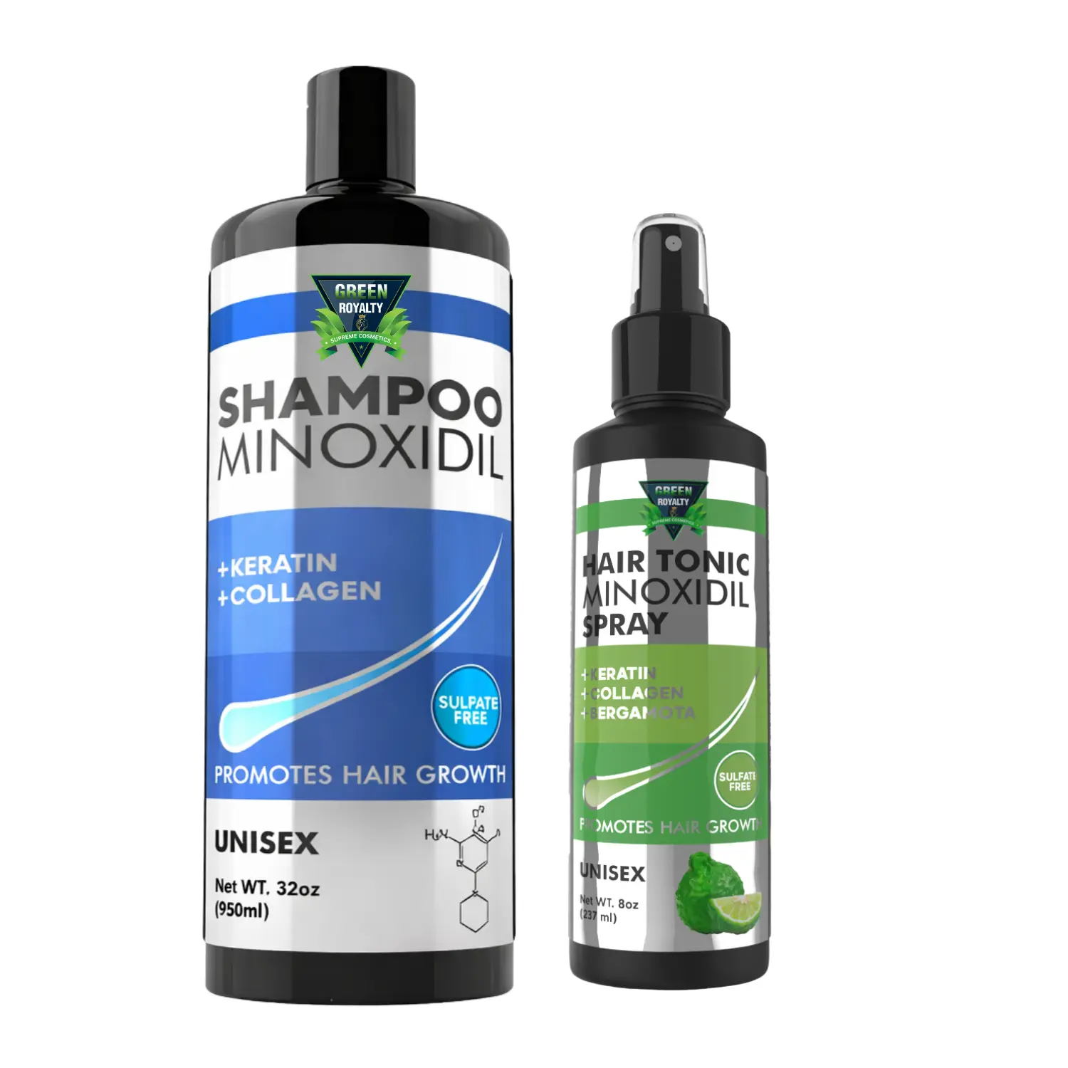 Green Royalty Minoxidil Hair Loss Solution Bundle - 32oz Sulfate-Free, Alcohol-Free Liquid Keratin Hydrating Cleansing Shampoo, 8oz Lightweight Bergamot Lengthening Soothing Tonic Spray - Gentle Daily Unisex Haircare for Hair Loss (Lime-Infused)