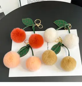 Cute Cherry Shaped Faux Fur Pom Pom Keychain, Soft Fluffy Bag Charm Key Ring for Women