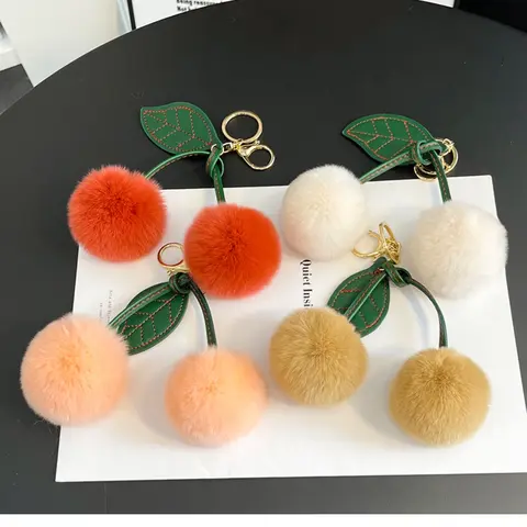 Cute Cherry Shaped Faux Fur Pom Pom Keychain, Soft Fluffy Bag Charm Key Ring for Women