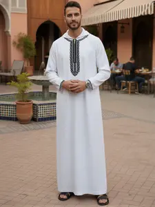 Men's Moroccan Hooded Thobe, Embroidered Muslim Robe with Pockets for Eid Ramadan & Daily Wear Men's Moroccan Hooded Thobe, Embroidered Muslim Robe with Pockets for Eid Ramadan & Daily Wear