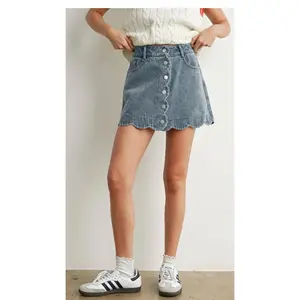 Scallop Edge Button-Up Denim Skirt