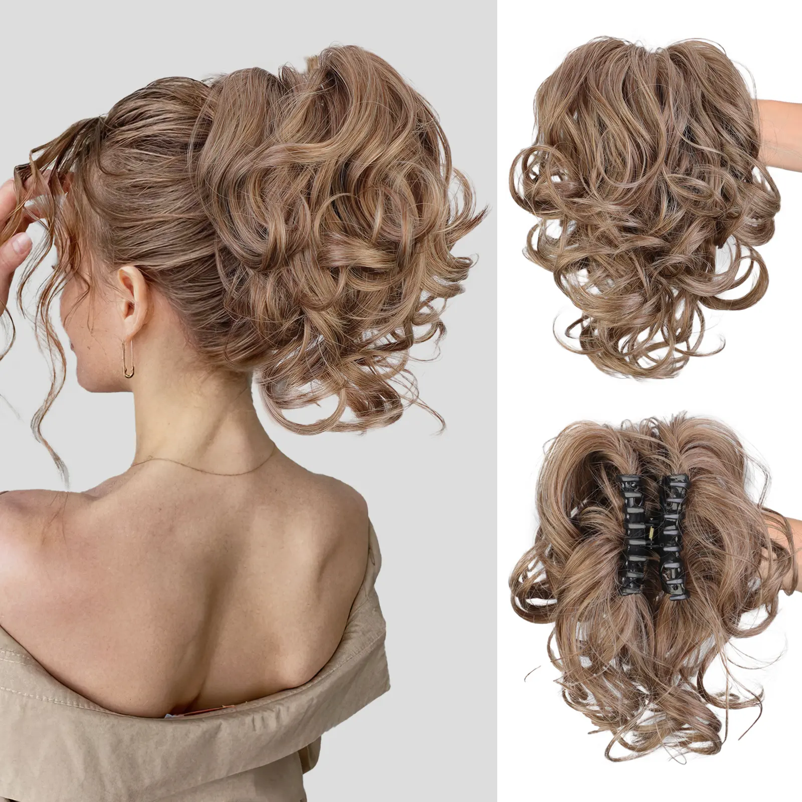 LushWig Claw Clip Short Ponytail Synthetic Fiber Hair Extensions - 3.5 oz DIY Bendable Metal Messy Bun Hair Piece for Women, Fluffy Wavy Curly Versatile Clip-in Hairpieces, Clip Hair Extensions
