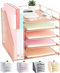 Metal Desk Organizers and Accessories, 5-Tier Paper Letter Tray Organizer with File Holder, Office Supplies , Rose-Gold