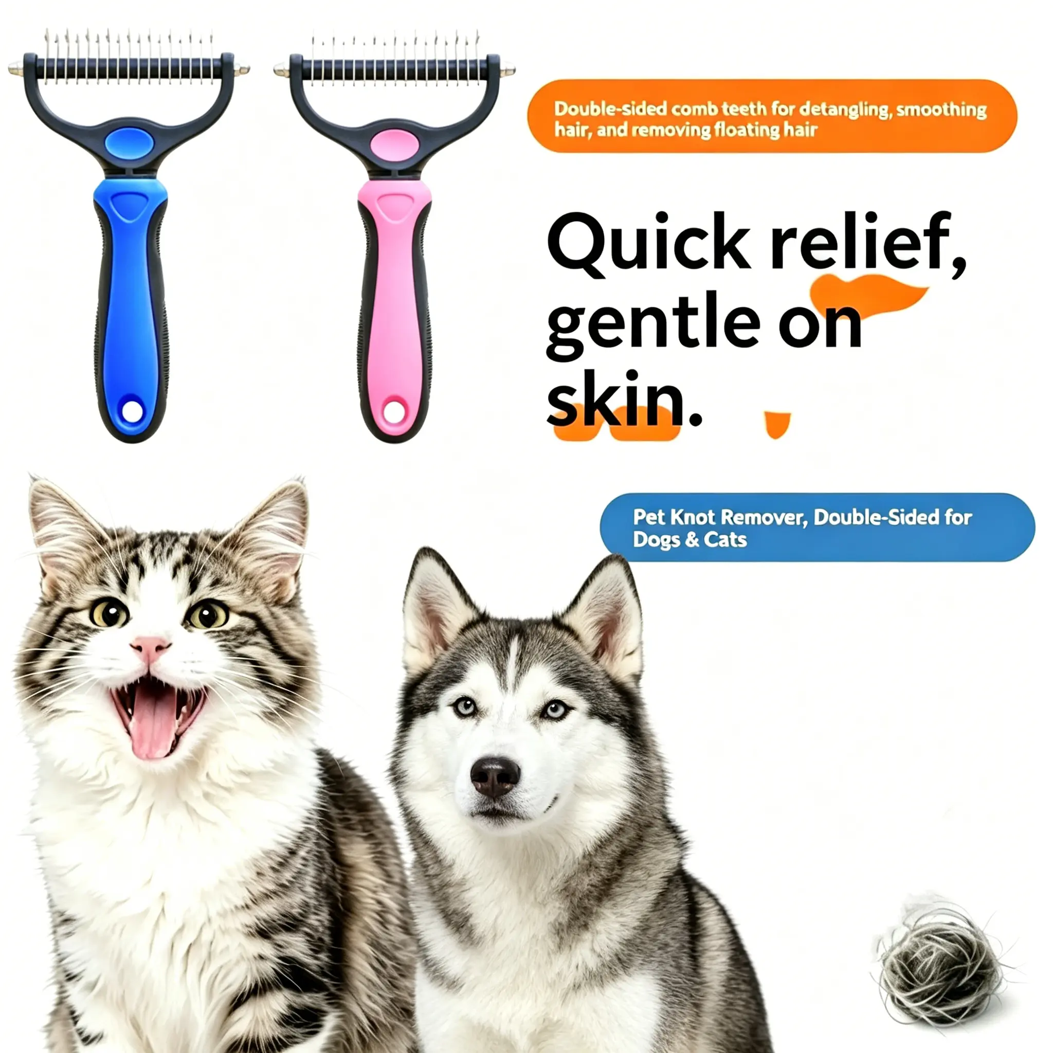 Pet Grooming Brush-Double Sided, Pet Dematting Undercoat Rake for Long-Haired Dogs & Cats, No More Nasty Shedding or Flying Hair, Pet Coat Care Tool