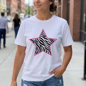 Pink Border Zebra Print Star Graphic Women's Y2K Retro Aesthetic Casual Top For Street Style & Daily Minimalist Fashion