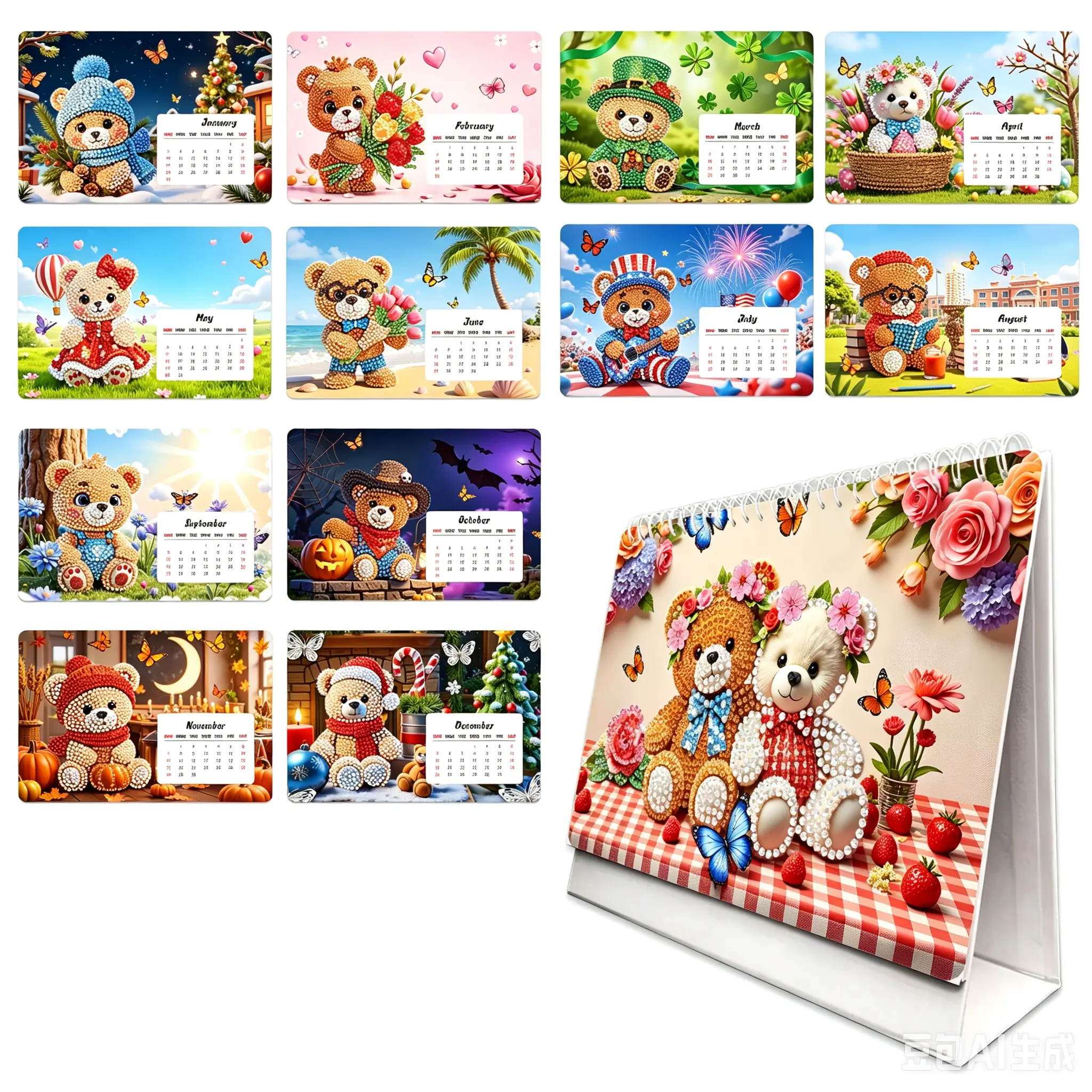 2027 Diamond Painting Desk Calendar with Teddy Bear & Floral Patterns, Covers Jan-Dec 2027 with 12 Exquisite Monthly Illustrations, Schedule Markable Area, Dual-use as Calendar & Home Table Ornament, Christmas, Thoughtful Holiday Gift