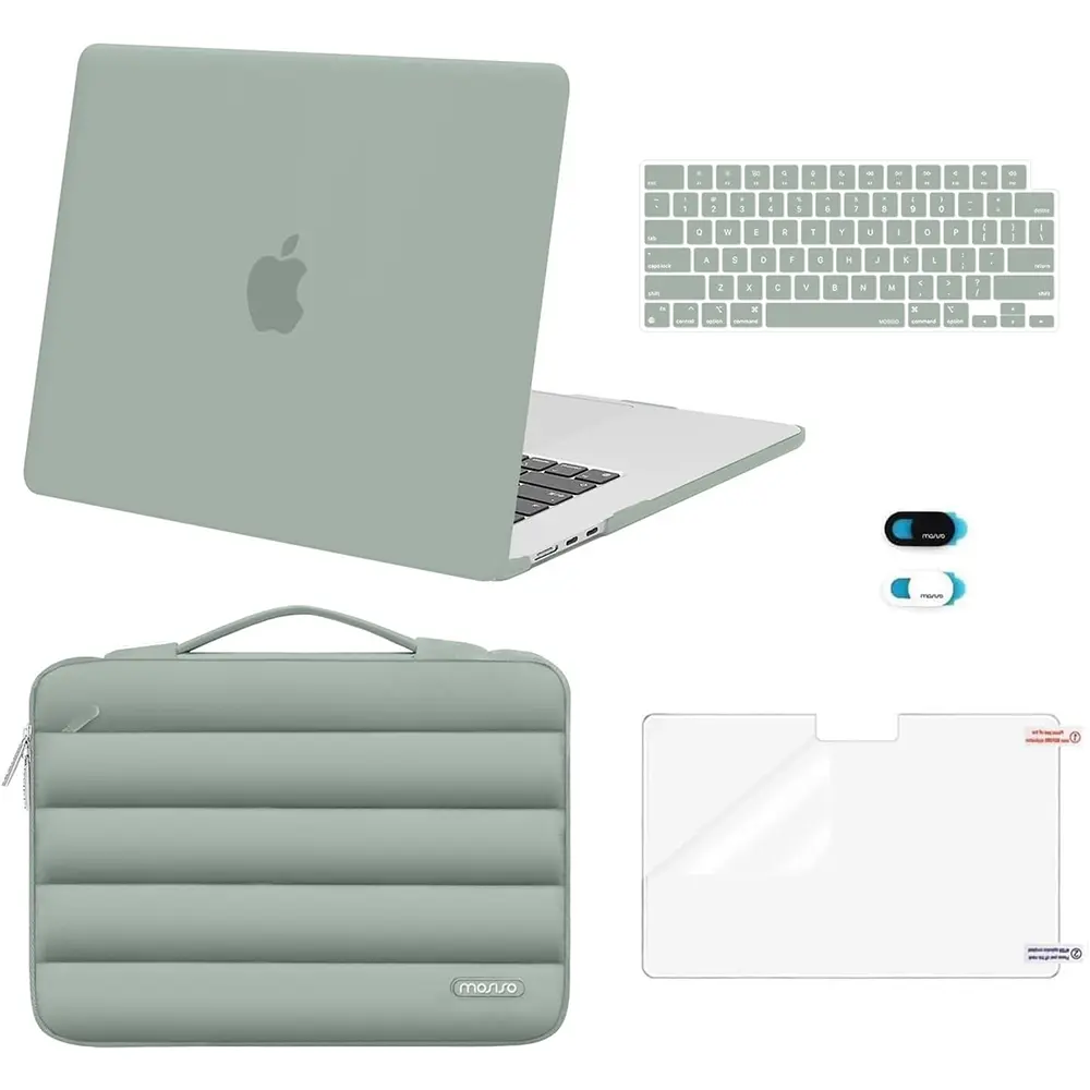 MOSISO Laptop Casing for MacBook Air 15 in (2026 M5, 2025 M4, 2024 M3, 2023 M2; A3448, A3241, A3114, A2941) - Plastic Hard Shell Case, Puffy Sleeve Bag, Keyboard Skin, Webcam Cover, Screen Film, Sand Finish