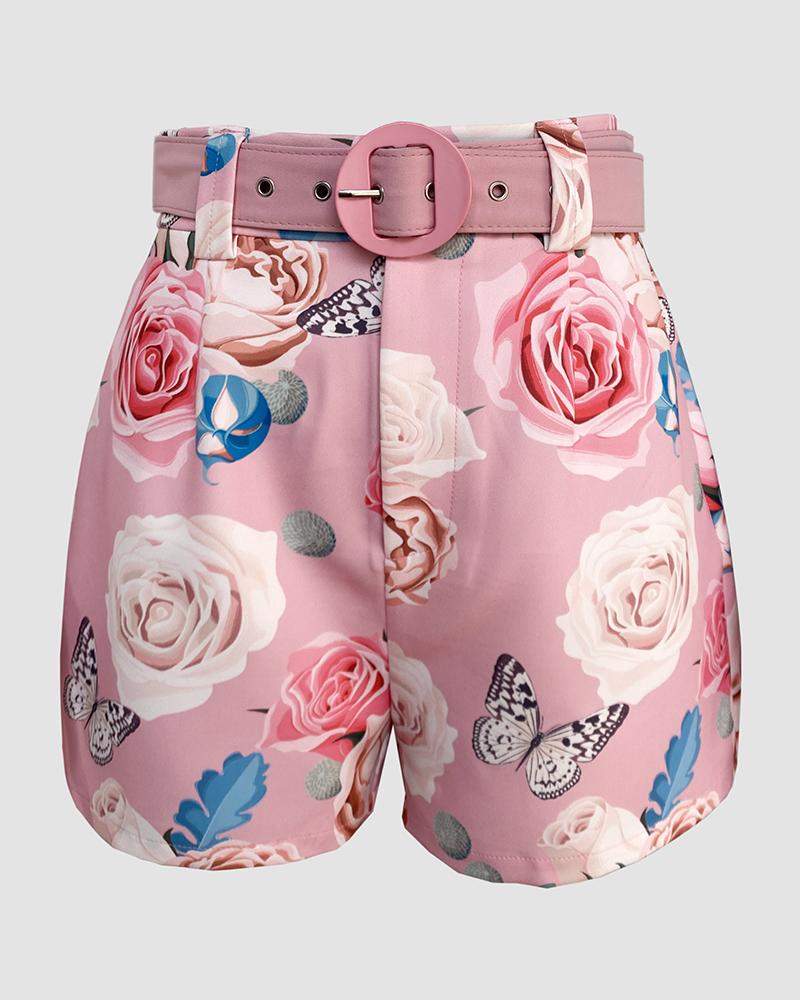 ChicMe 2026 Women's Long Sleeve Blazer & Floral Print Shorts Wedding Guest Set With Belt Wedding