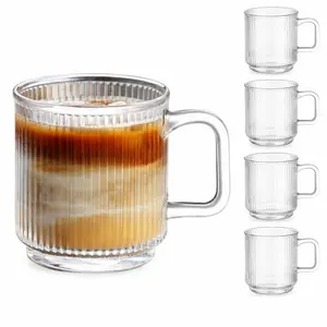 6 Pack Clear Glass Coffee Mugs 12oz with Handle, Vertical Stripe Design, Heat Resistant Cups for Hot & Cold Drinks