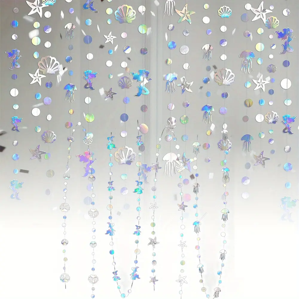 40 Ft Mermaid Garland with Jellyfish Seashell Starfish Pearl Holographic Paper Streamer for Little Mermaid Rainbow Theme Bachelorette Under The Sea Party Decorations Ornaments