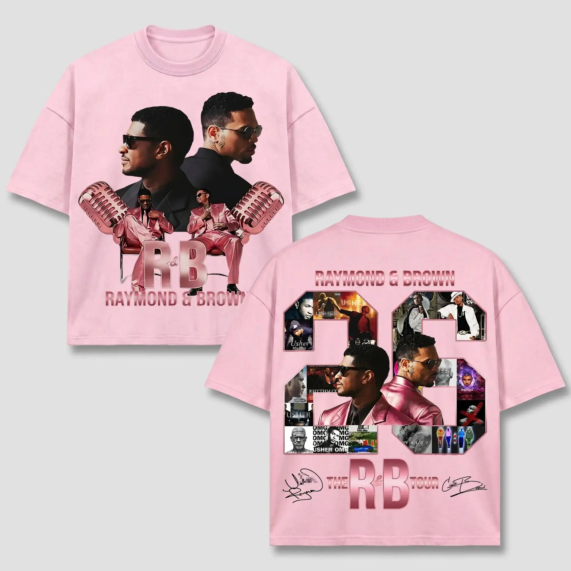 [FREE SHIP] Brown Raymond T-Shirt Pink, "Breezy" Raymond & Brown Tee, The R&B Tour 2026 Clothing, Pink Metallic Microphone Top, Retro 90s Block Number 26 Merch, Vintage Acid Washed Apparel, Team Breezy Hip Hop Fan Gift