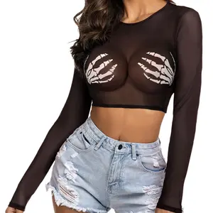 Avidlove Women Mesh Crop Top Long Sleeve See Through Shirt Sheer Blouse O Neck Clubwear