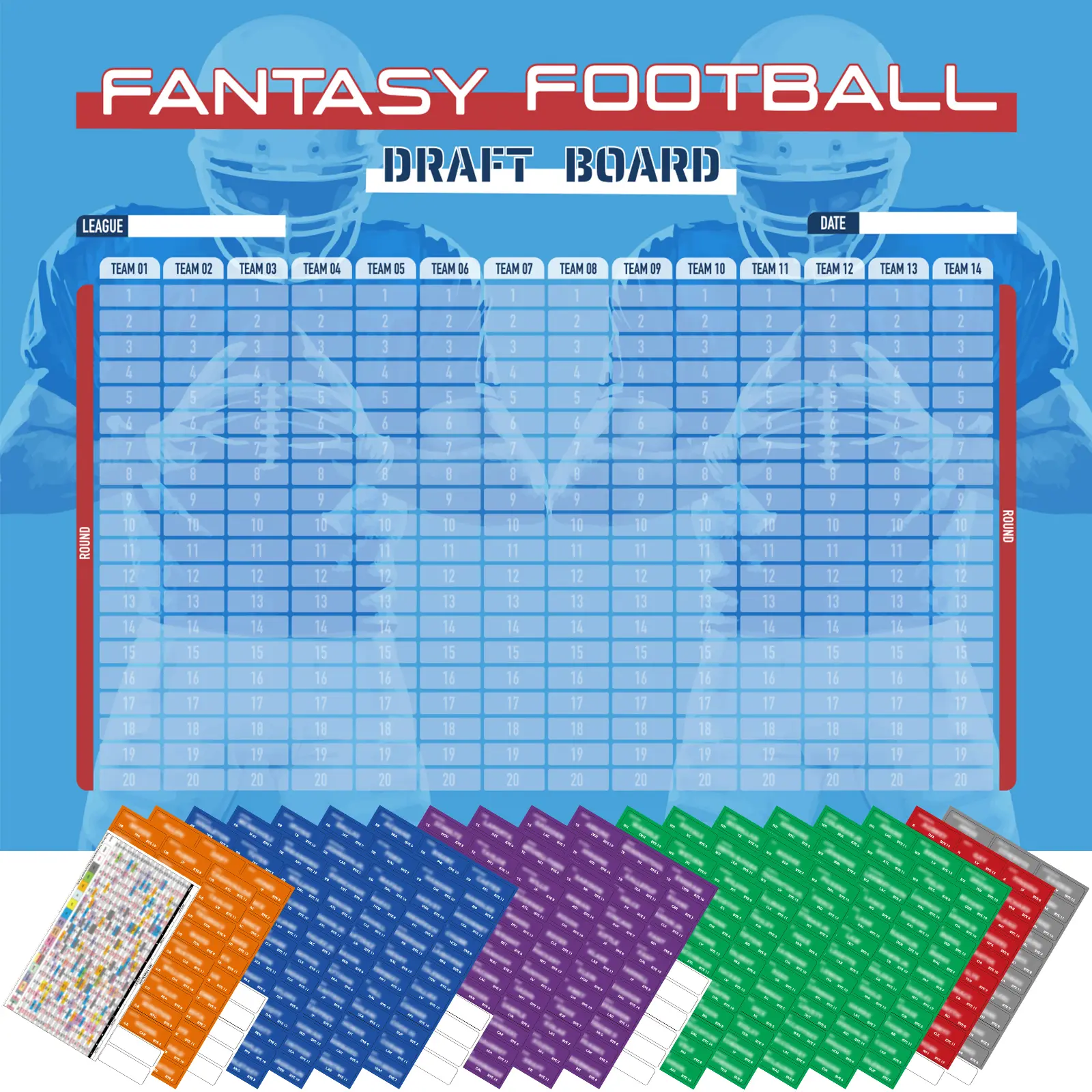 2026 Season Fantasy Football Draft Board Kit - 5.3x3.7ft Large Board, Up to 14 Teams, 20 Rounds, 600+ Upgraded Player Stickers