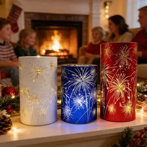 Set of 3 Celebration Hurricanes Tabletop Decor - Etched Firework Starburst Glass Pedestals with Warm White LED Lights, LED Ambient Light, Twinkling Decorative Centerpiece for Mantel, Dining Table, Wedding & Christmas Birthday Party Holiday Décor