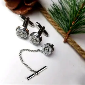 Bullet Slice Tie Tack and Cufflink Set - Gift for Groomsmen, Unique, Available in Brass & Steel Options, Real Fired Recycled Casing