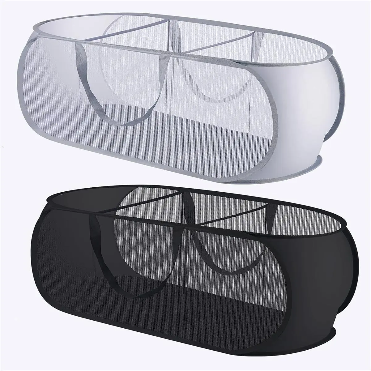 2-Pack Pop Up Mesh Laundry Baskets with Lid, Triple Compartment Foldable Clothes Sorter Tote for Home Storage & Organization