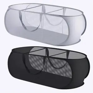 Pop Up Laundry Basket 2 Pack - Triple Compartment Mesh Hamper with Lid, Foldable & Collapsible Clothes Sorter Tote for Home Organization