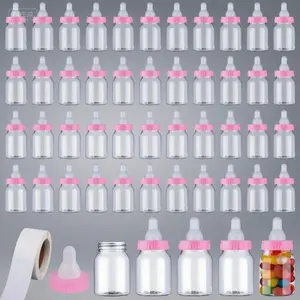 Pink Mini Candy Bottles for Baby Shower - 62 Pcs Small Plastic DIY Favor Containers with 500 Thank You Stickers - Newborn Baptism Party Decor - Adhesive Labels Included - Reusable Gift for Boy Girl Lightweight Set Decoration Souvenirs decorative  basket l