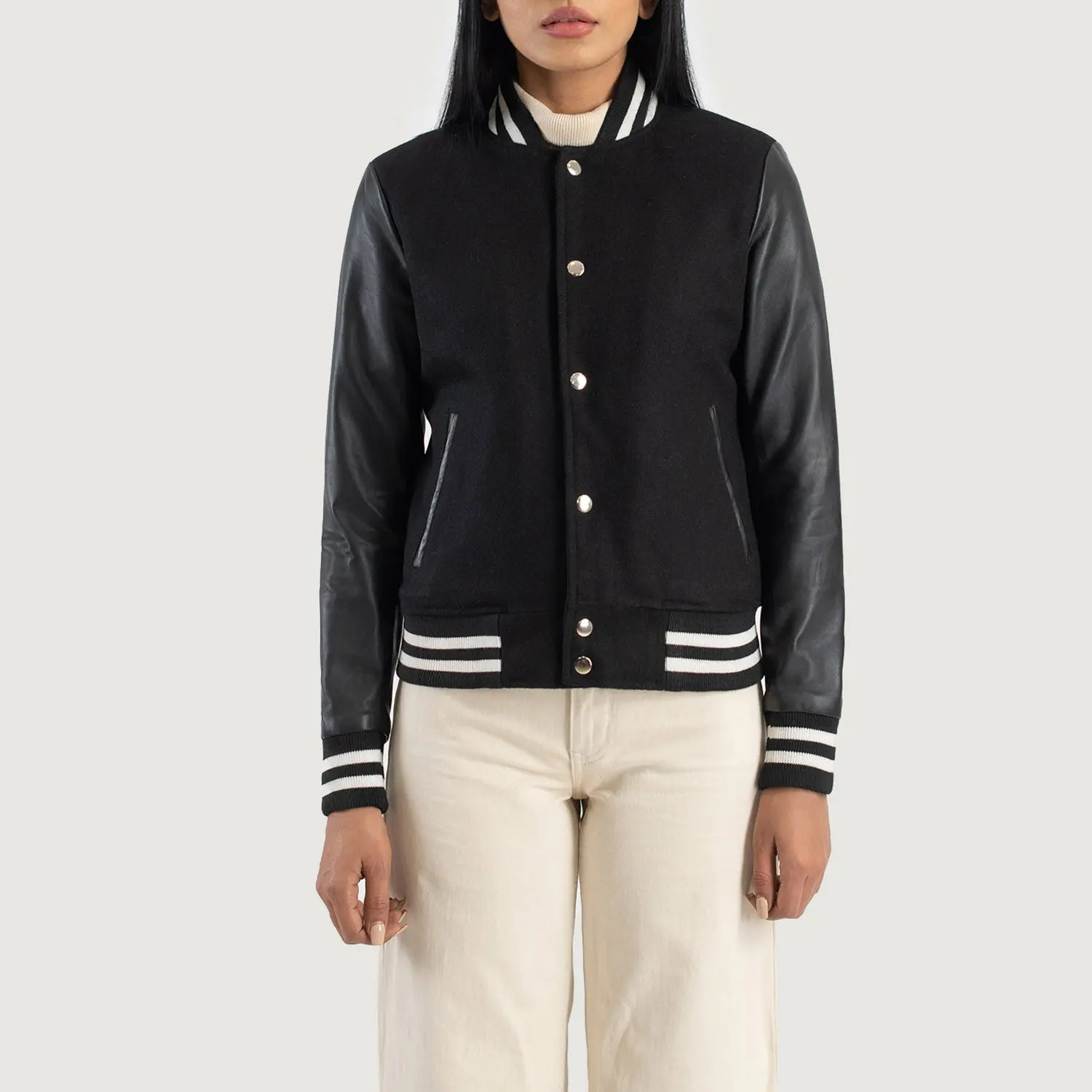 Savant Hybrid Black Varsity Jacket For Women