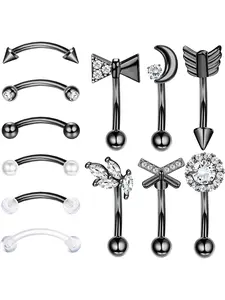 Cool 12 Pcs Black Trendy Eyebrow Rings Cooper Stainless Steel 16G Rook Daith Earring Set with 3A Zirconia for Women Men Lip Rings Barbell Curved Ring Cartilage Tragus Earring Body Piercings Body Piercing Kit