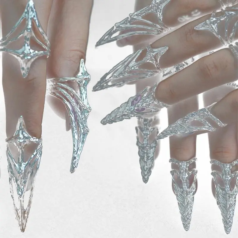 Punk Metal Nail Cover Bone Ring Gothic Rock Machinery Manicure Fingertip Ring Multilayer Finger Rings Cosplay Jewelry Set Gift
