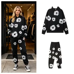 Denim Tears Hoodie 2-Piece Set Women's Casual Outfit Hooded Tracksuit 2-Piece Set Unisex | Running Sportswear Long Sleeve Hoodie + Joggers Set with Puffy Print Kapok Loose Denim Pants