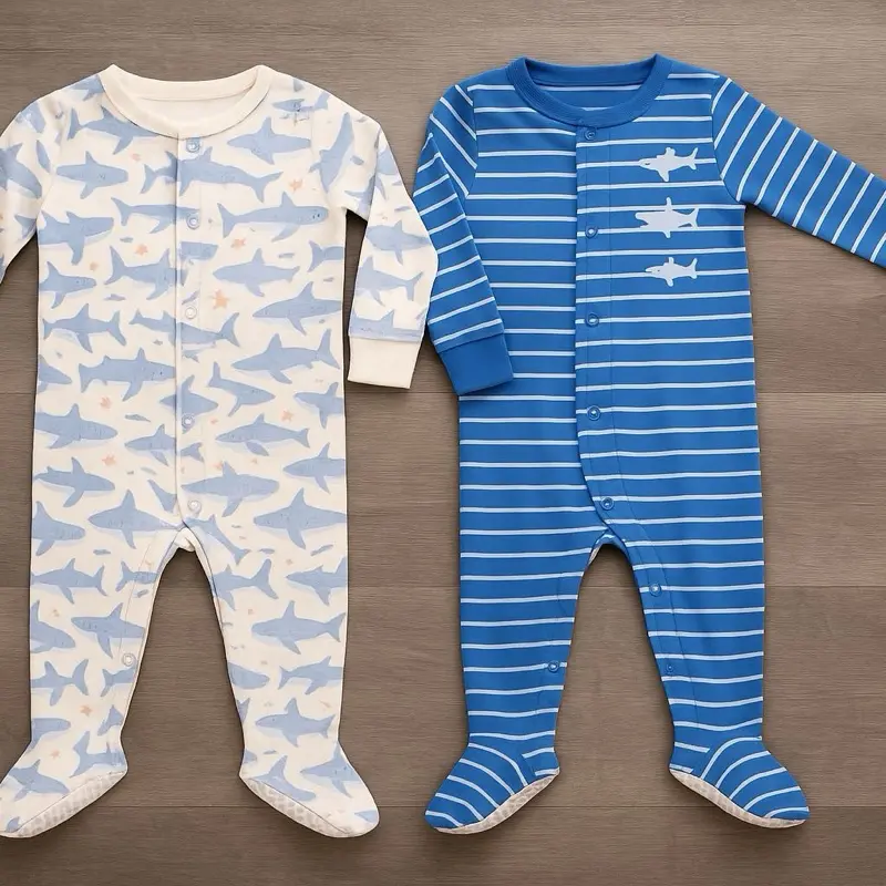 Simple Joys by Carter's Baby-Boys 2-Way Zip Thermal Footed Sleep and Play Pack of 2 in Shark Print and Blue Stripe