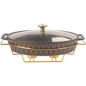 12" x 8" Ceramic Oval Casserole Dish with Glass Lid and rack, 1.7 Quart Serving Soup Tureen,Chafing Dish for Buffet, Family  preserve Tray, Catering Casserole for Party Style, Black