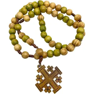 Olive Wood Prayer Rosary Catholic Our Father Wooden Jerusalem Cross Short Cord Car Protection Rosary Amulet Velvet Bag