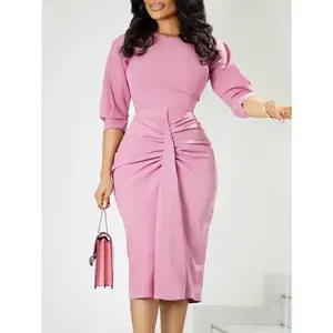 Elegant Royal Blue 3/4 Sleeve Bodycon Midi Dress for Women - Vintage Ruffle Detail, Stretch Polyester Fabric, Perfect for Work or Church Gift