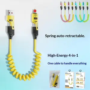 65w Super Fast Charging Spring Four-In-One Durable Data Cable for Huawei Apple Dual Port Type-C Phone Charger Line, High-Speed USB Charging Cord