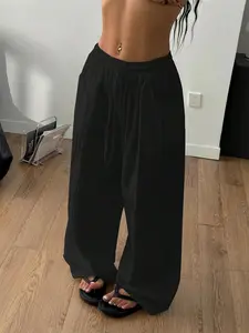 Women's Linen Palazzo Pants Summer Flowy Wide Straight Leg Beach Trousers With Casual Pocket Solid Color Elastic High Waist, Casual High Rise, Travel Vacation Home Work Streetwear