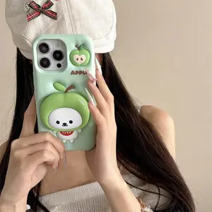 Cute Apple Bear Holder Phone Case, Phone Protective Cover, Phone Accessory Compatible with iPhone 12 13 14 15 16 Pro Max, Casing