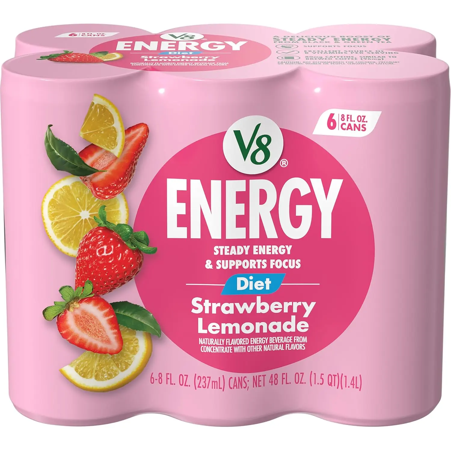 V8 Energy Diet Strawberry Lemonade Juice Drink, 8 fl oz Can, 6 Pack – Refreshing Caffeine Beverage for Daily Energy Boost, Convenient Ready-to-Drink Can
