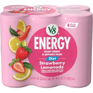 V8 Energy Diet Strawberry Lemonade Juice Drink, 8 fl oz Can, 6 Pack – Refreshing Caffeine Beverage for Daily Energy Boost, Convenient Ready-to-Drink Can