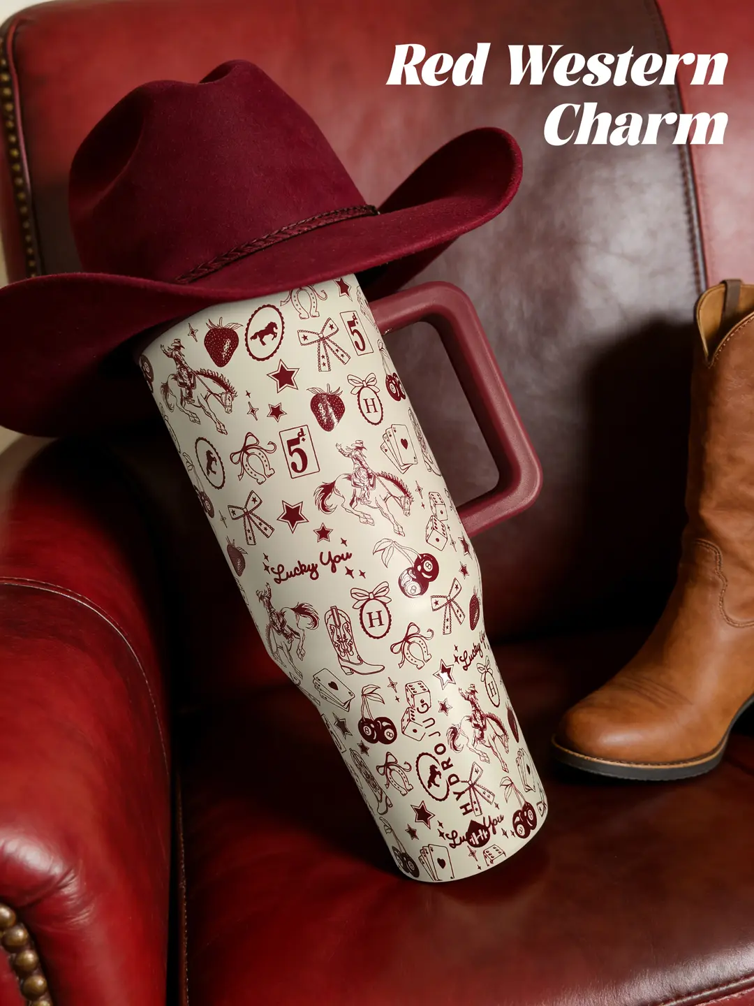 HYDROJUG Traveler 40oz Red Western Cowboy Charm Limited Edition Large Capacity Stainless Steel Water Bottle With Straw. Gifts For Lover, Girlfriend, Boyfriend, Friends, Family Members, Sisters, Brothers, Students. Birthday Gift, Festival Gift. Tumbler.