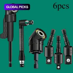 Right Angle Drill Attachment Set (6-Piece),including 3 pieces of 360-degree swiveling 1/4-inch, 3/8-inch, and 1/2-inch impact-grade socket adapters, 2 pieces of 105-degree hex shank angle adapters, and a 90-degree right angle drill bit,heavy-duty tool kit