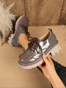 Women's Fall Winter Multicolor Patent Leather Thick Sole Platform Loafers, Lace-Up Chunky Heel British Style Small Leather Shoes