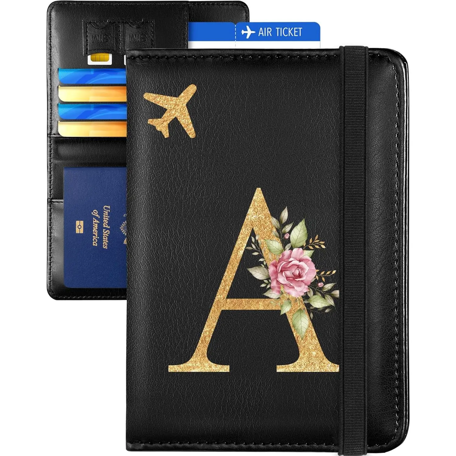 Initial Passport Holder Cover Wallet Case for Travel Women - Leather Letter Passport Book Family Multiple Personalized Organizer Card Slots Protector Sleeve Essentials Slim Carrier A Black