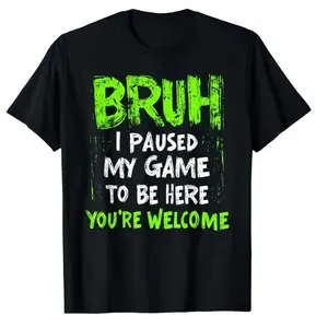 [Unisex Tee] Funny Gaming T-Shirt - Bruh I Paused My Game Bold Text - Black with Green Lettering - Soft Breathable Cotton Tee for Gamers, Teens, Adults - Casual, Parties, eSports - Regular Fit Round Neck Shirt - Perfect Gift for V ,Basic/Casual Tee