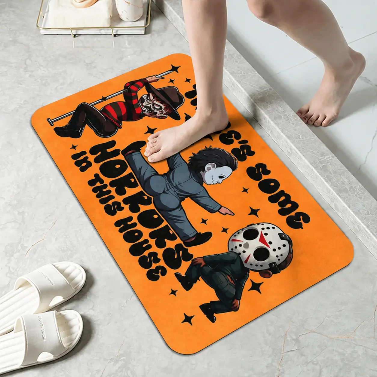 Bathroom Rug - Anti-Slip Rubber Backing Funny Horror Movie Bath Mat, Non-Shedding Absorbent Doormat for Bathroom, Front Door & Kitchen, Spooky Halloween Gift for Horror Movie Fans